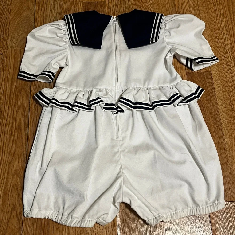 Vintage Sailor‎ Romper Toddler 4 White Navy Nautical Striped Puff Sleeve